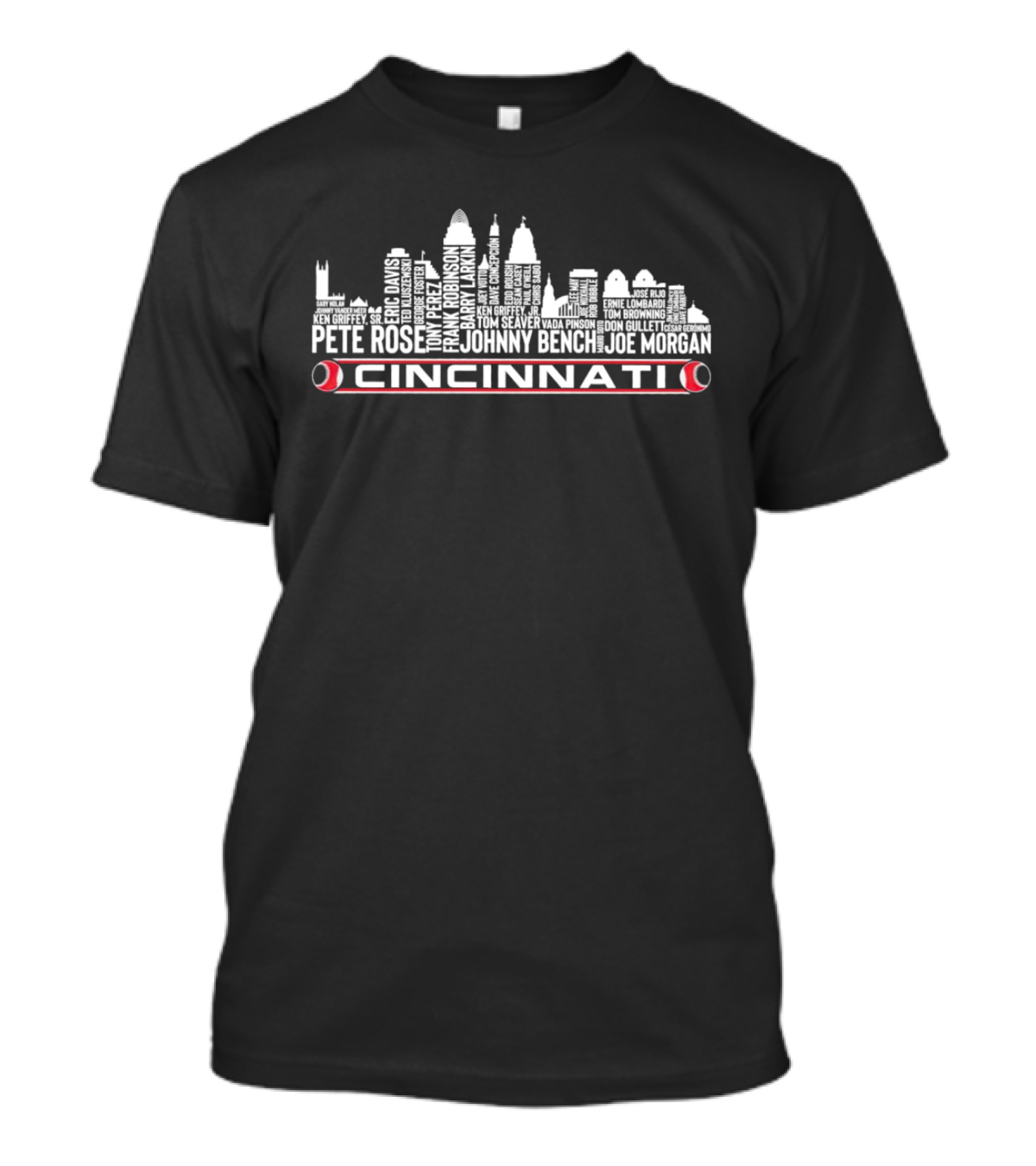 Cincinnati Skyline Pete Rose Johnny Bench Joe Morgan Ken Griffey Jr. Eric Davis Tony Perez Barry Larkin Tom Seaver T-Shirt