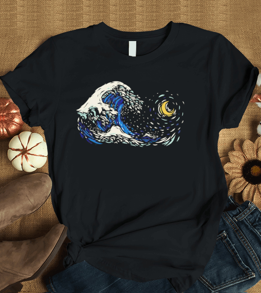Starry Night Meets Great Wave Fusion T-Shirt