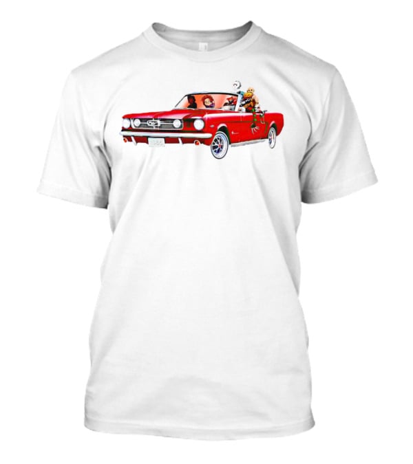 Horror Movie Icons In Red Mustang Car Driving Scene T-Shirt