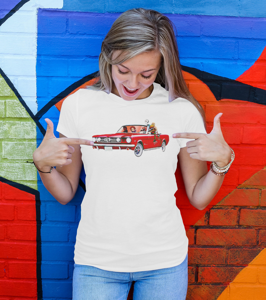 Horror Movie Icons In Red Mustang Car Driving Scene T-Shirt