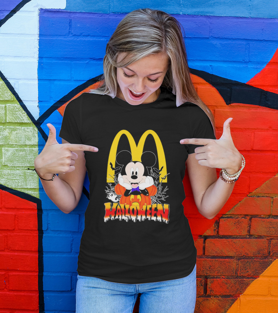 Mickey Mouse Halloween Pumpkin McDonald's Logo With Bats T-Shirt
