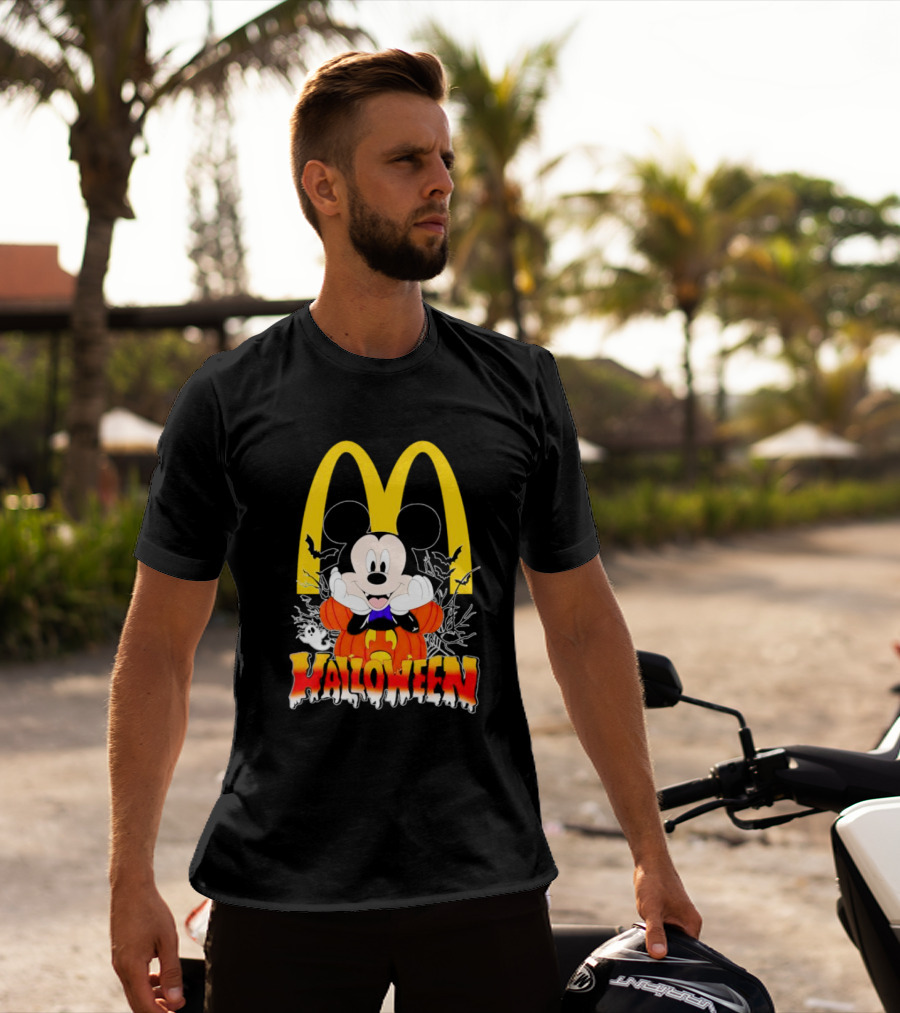 Mickey Mouse Halloween Pumpkin McDonald's Logo With Bats T-Shirt