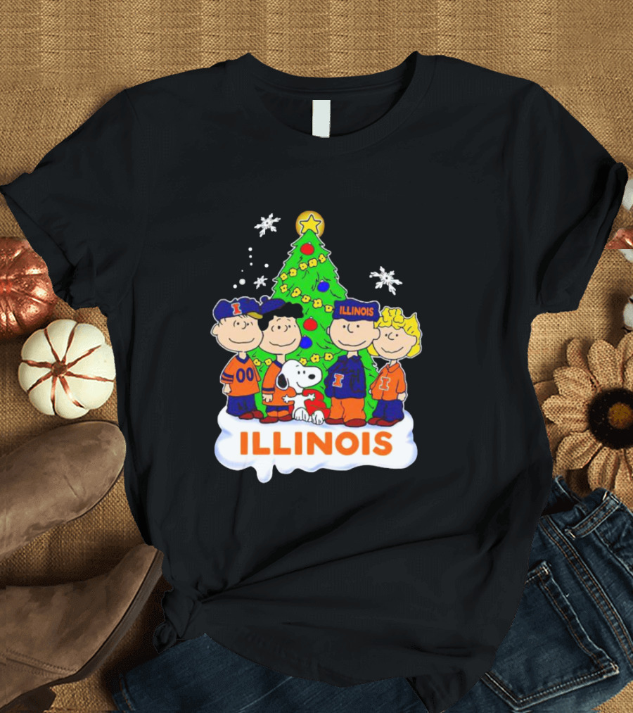 Peanuts Characters Illinois Christmas Tree With Snoopy And Festive Decorations T-Shirt