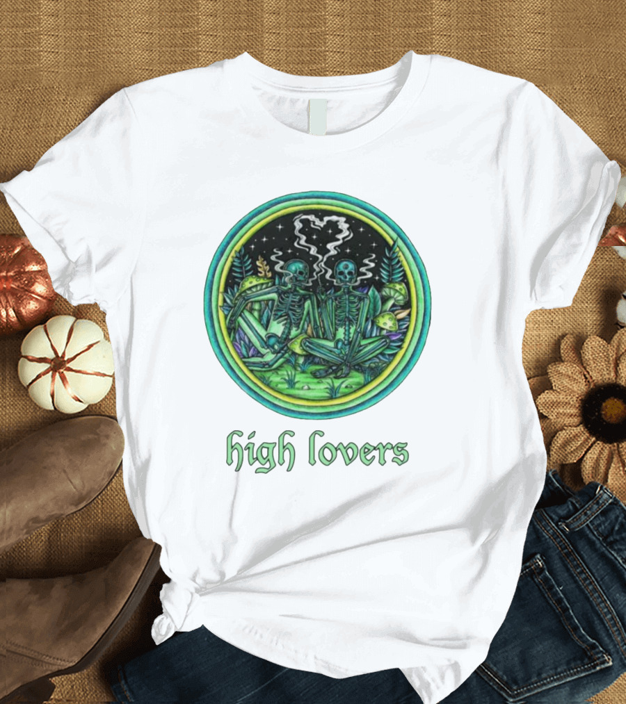 High Lovers Skeletons In Psychedelic Forest Scene T-Shirt