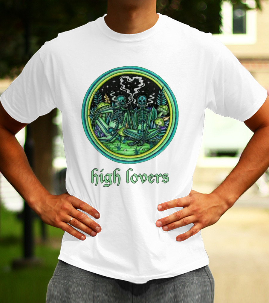 High Lovers Skeletons In Psychedelic Forest Scene T-Shirt