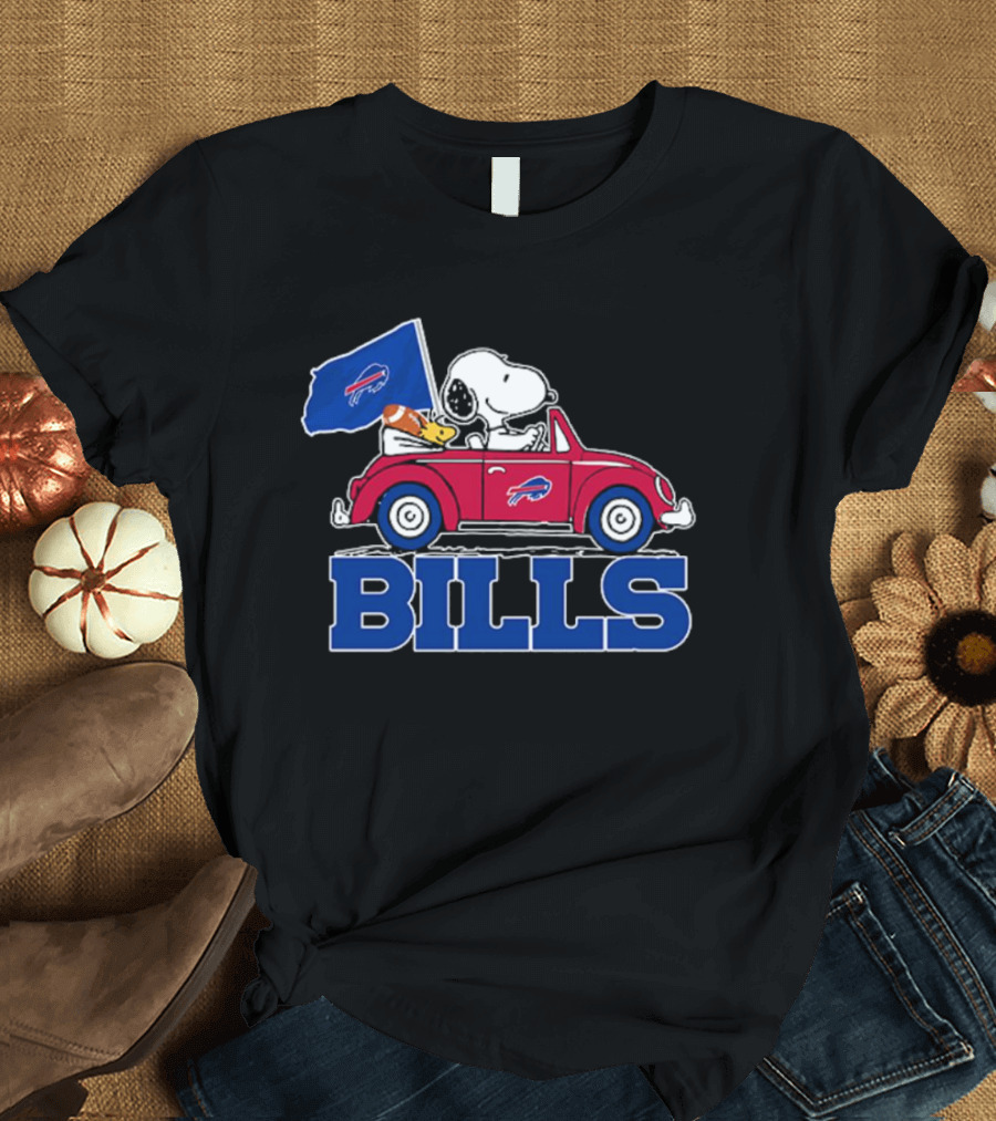 Snoopy Woodstock Driving Red Car Buffalo Bills Flag T-Shirt
