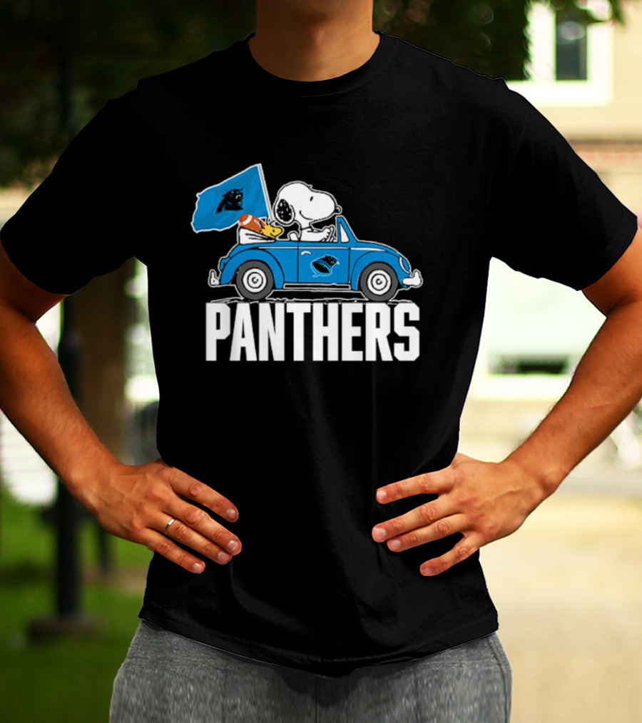 Snoopy And Woodstock Driving Car Panthers Flag T-Shirt