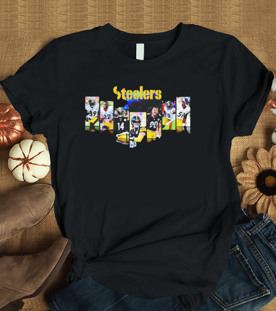 Steelers Legendary Players Collage With Iconic Team Colors And Dynamic Football Poses T-Shirt