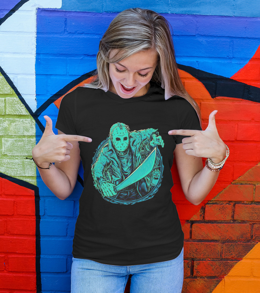 The Crystal Lake Slasher Jason Voorhees Mask And Machete T-Shirt