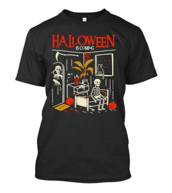 Halloween Is Coming Skeleton With Ghost And Pumpkins In Spooky Room T-Shirt