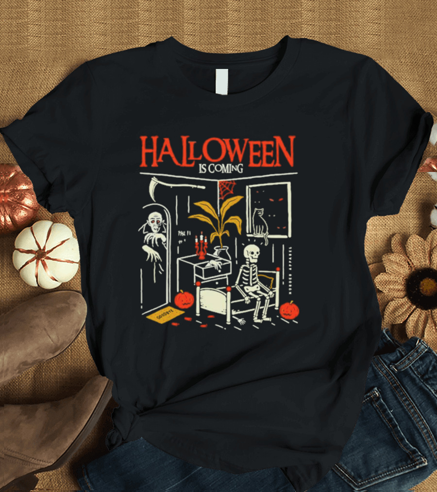 Halloween Is Coming Skeleton With Ghost And Pumpkins In Spooky Room T-Shirt