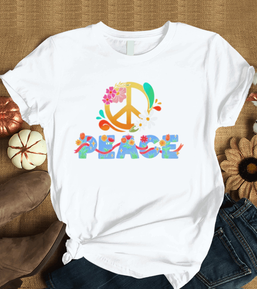 Peace Sign With Flower And Colorful Floral Lettering For International Day Of Peace T-Shirt