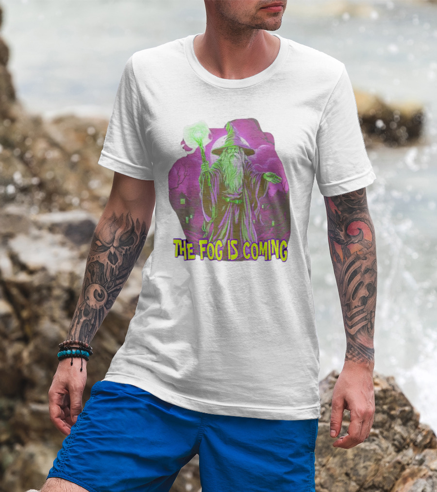 The Fog Is Coming Wizard With Green Staff And Purple Background T-Shirt