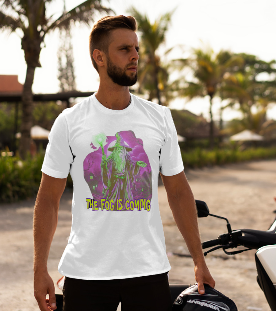 The Fog Is Coming Wizard With Green Staff And Purple Background T-Shirt