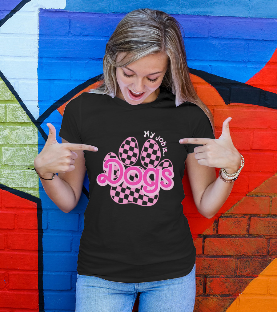 Barbie My Job Is Dogs Pink Checkered Paw Prints T-Shirt