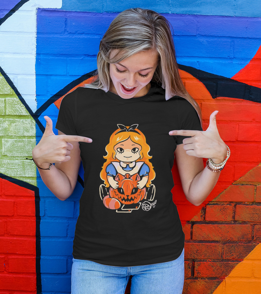 Chibi Alice Wonderland Halloween With Pumpkin And Rose T-Shirt