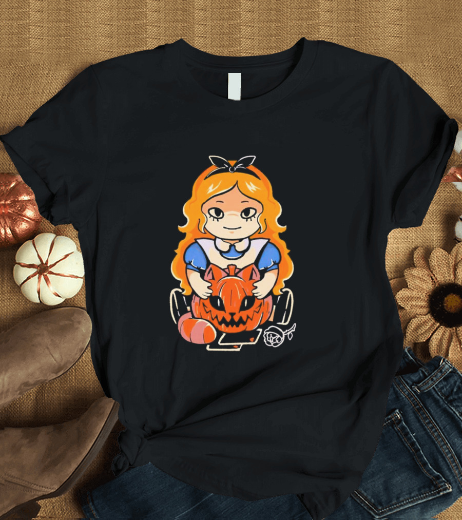 Chibi Alice Wonderland Halloween With Pumpkin And Rose T-Shirt