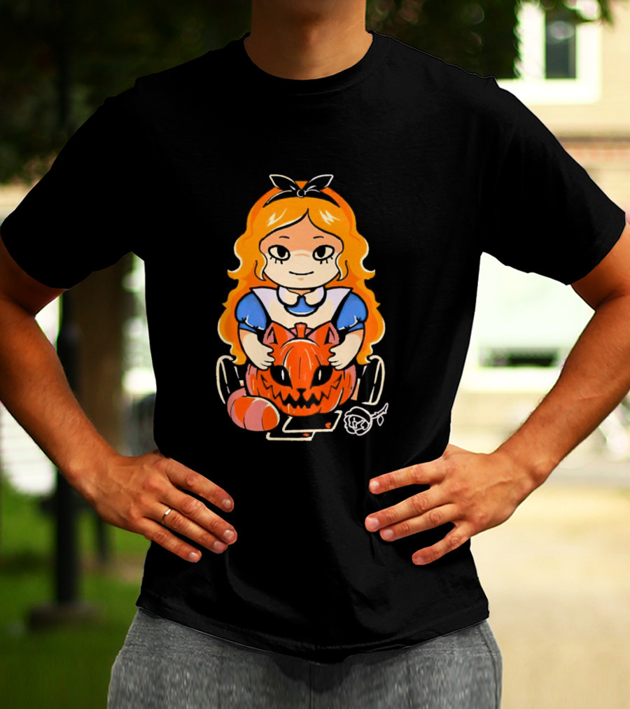 Chibi Alice Wonderland Halloween With Pumpkin And Rose T-Shirt