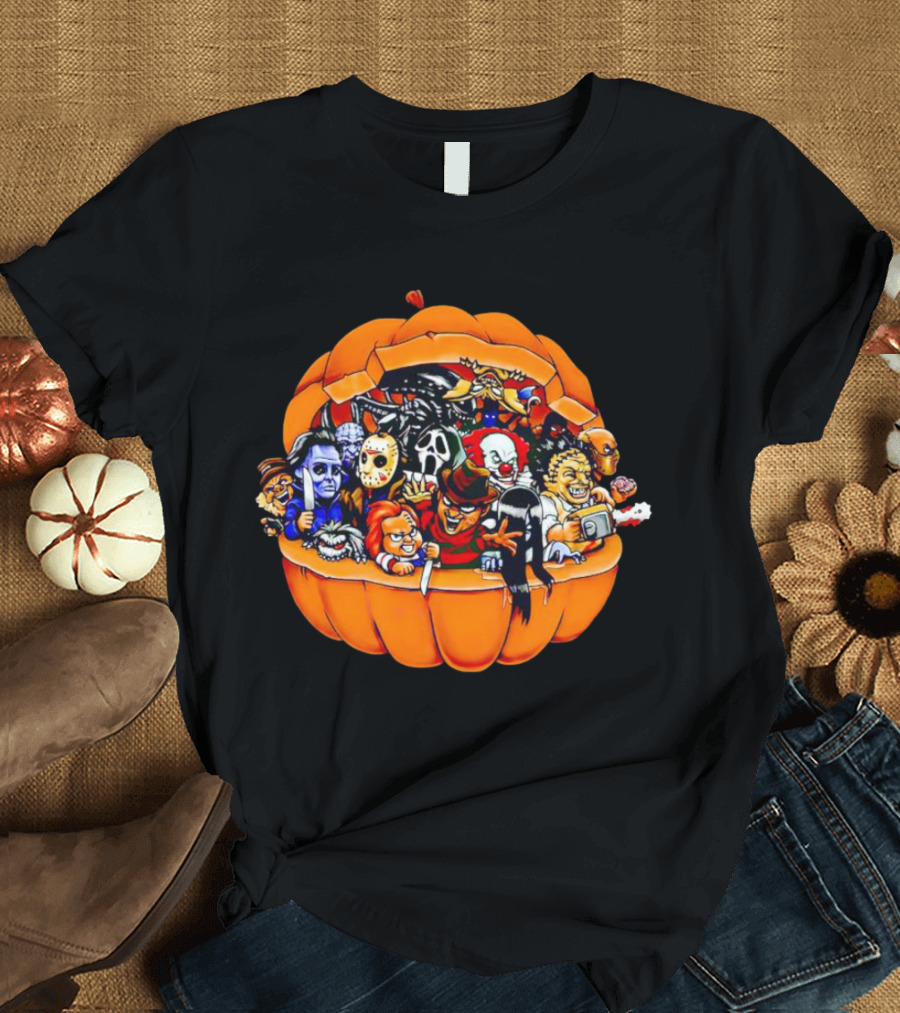 Horror Movie Characters Inside Pumpkin Halloween Icons T-Shirt