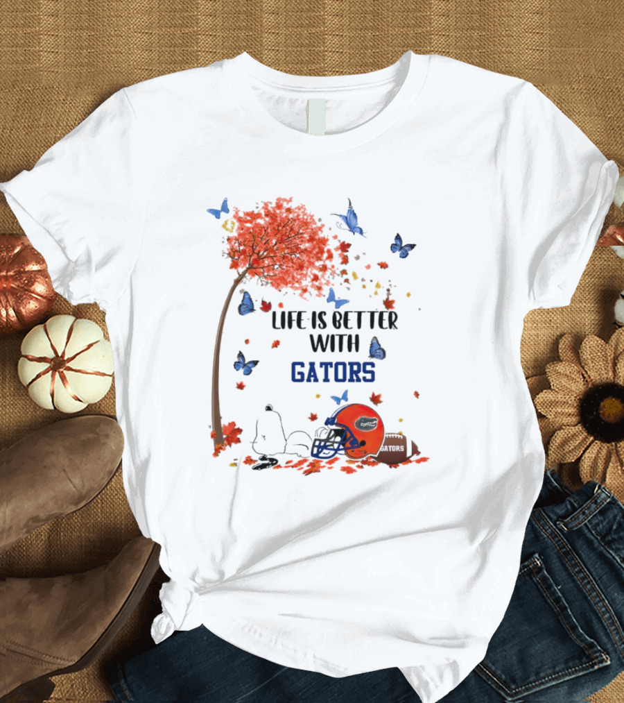 Life Is Better With Gators Snoopy Fall Leaves And Butterflies T-Shirt