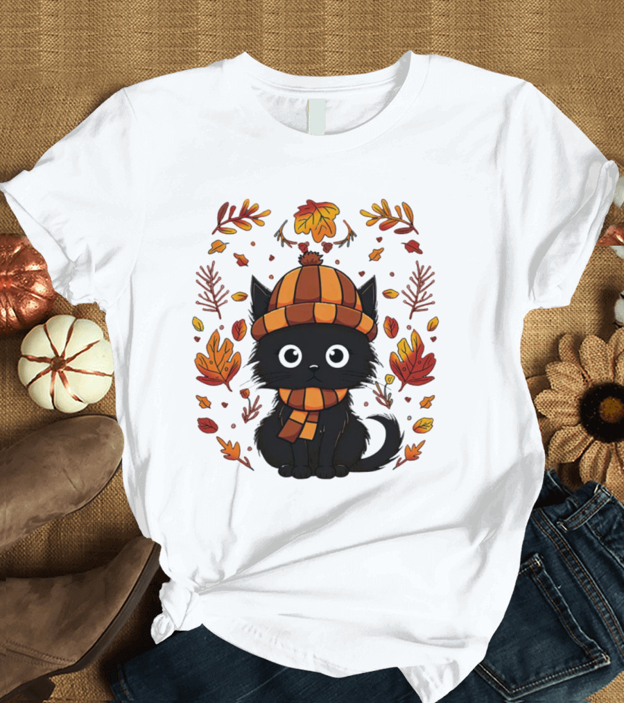 Black Cat Autumn Leaves Cozy Fall T-Shirt