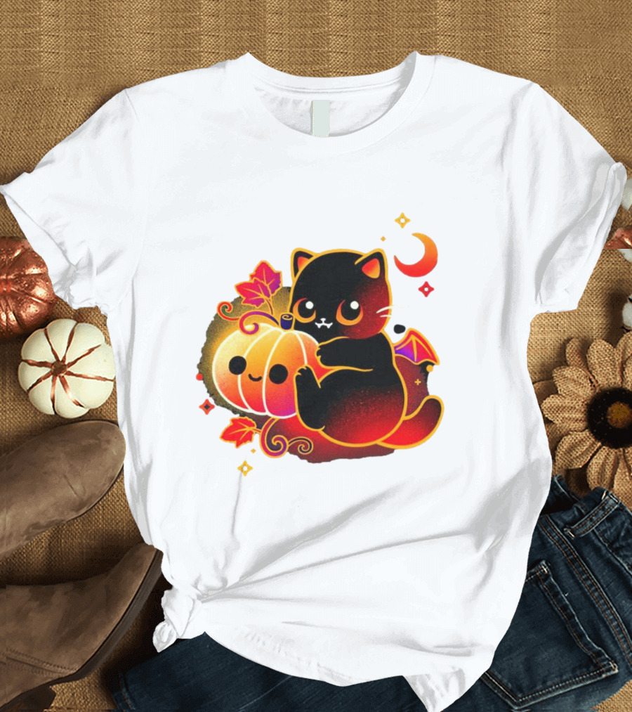 Cat Demon Halloween Moon Pumpkin Leaves Bat Wings T-Shirt