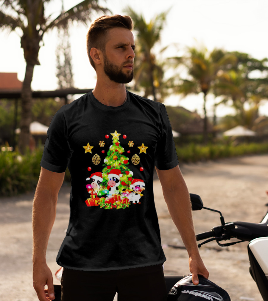 Dairy Cow With Christmas Tree Festive Santa Hats And Presents T-Shirt