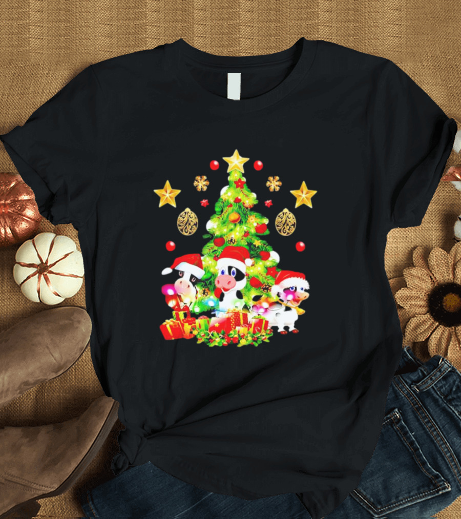 Dairy Cow With Christmas Tree Festive Santa Hats And Presents T-Shirt