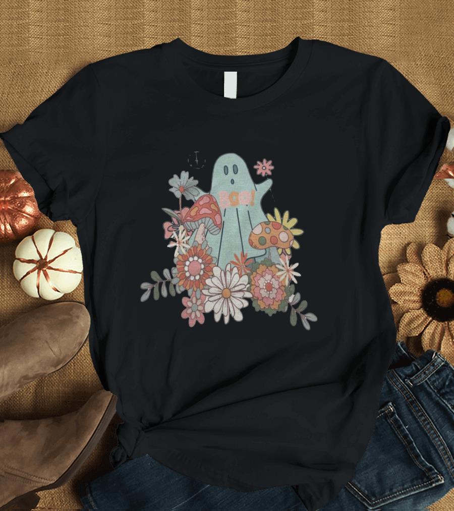 Hippie Boo Ghost With Flowers And Colorful Mushrooms T-Shirt