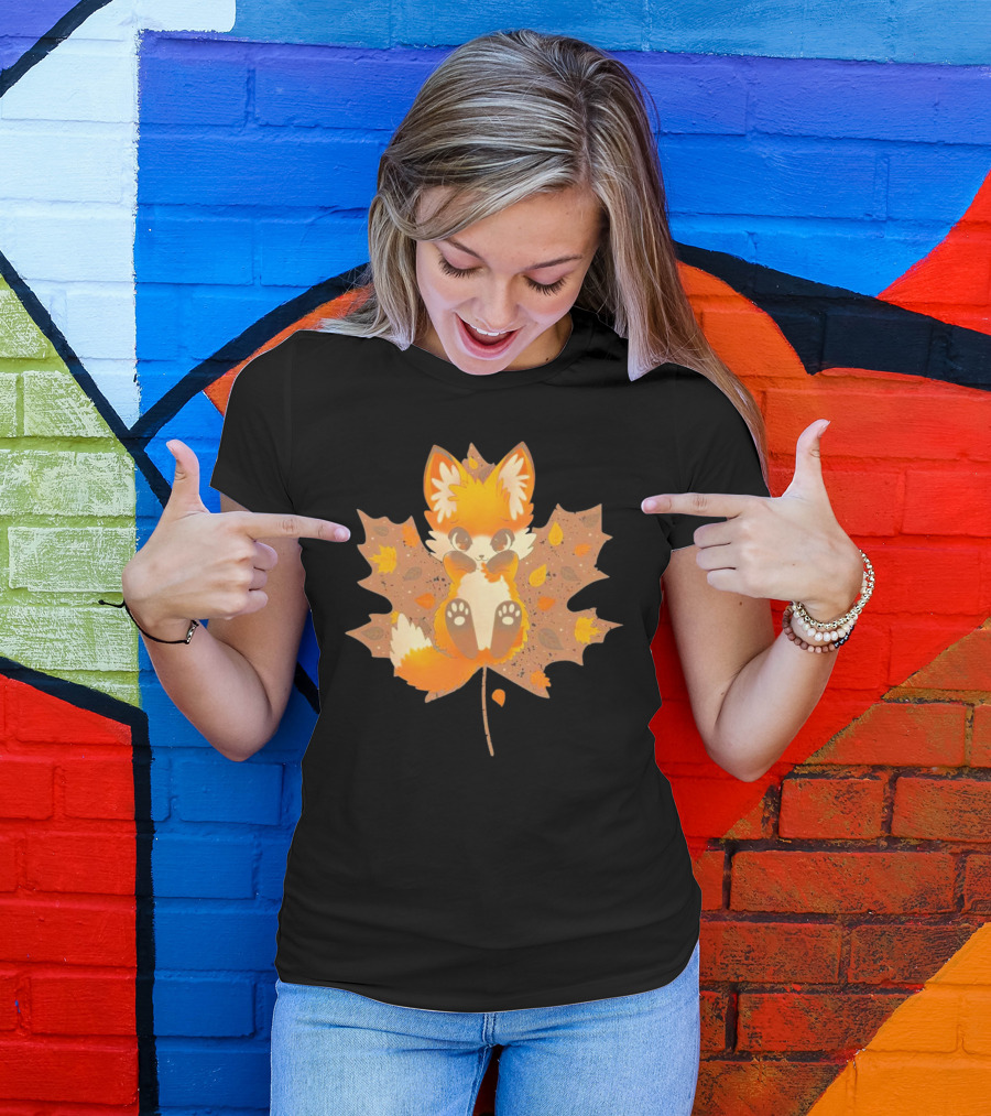 Kitsune Autumn Fox With Maple Leaf And Fall Colors T-Shirt