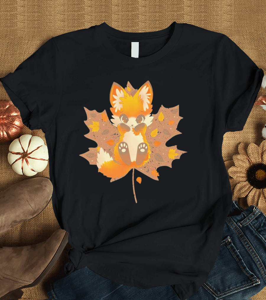 Kitsune Autumn Fox With Maple Leaf And Fall Colors T-Shirt