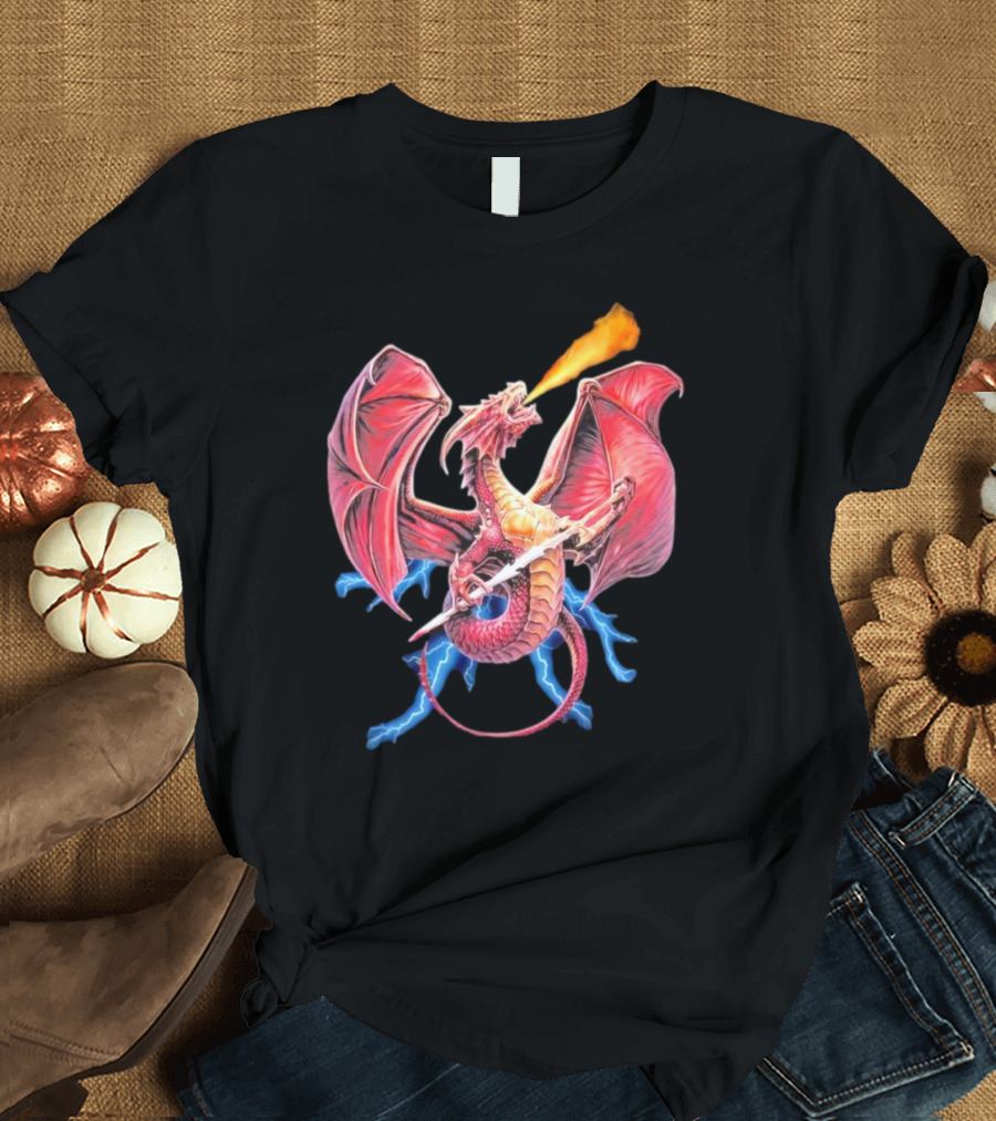 Red Dragon Breathing Fire Holding Sword Flying With Lightning In Background T-Shirt