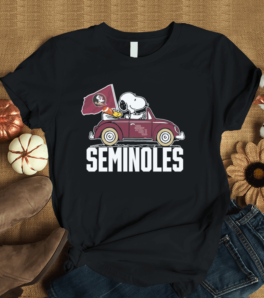 Snoopy And Woodstock In Seminoles Car Florida State Flag Peanuts T-Shirt