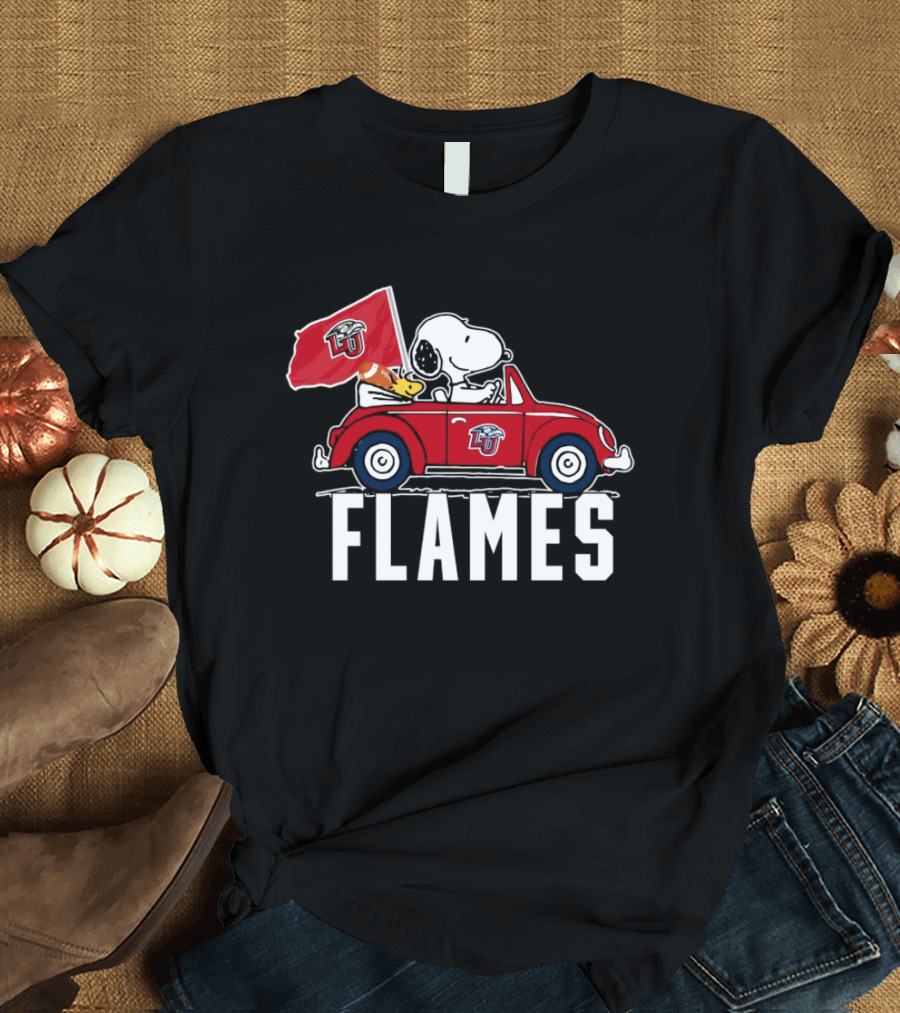 Snoopy And Woodstock Driving Liberty University Flames Car T-Shirt