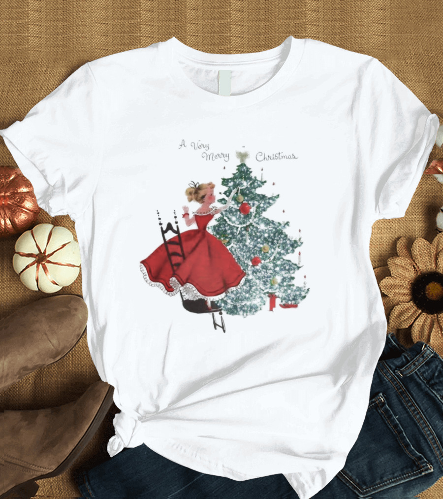 A Very Merry Christmas Girl Trimming The Christmas Tree T-Shirt