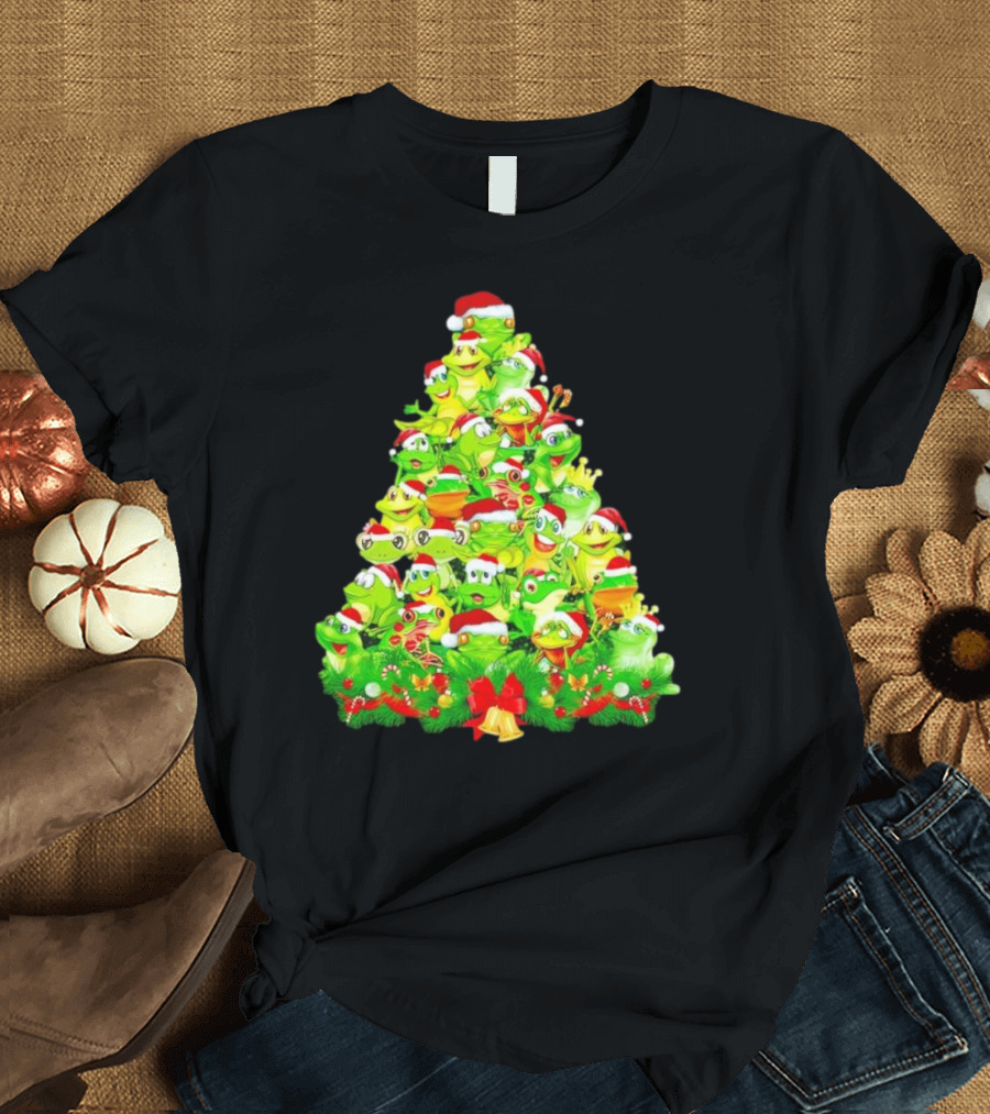 Frogs With Santa Hats Christmas Tree Holiday T-Shirt