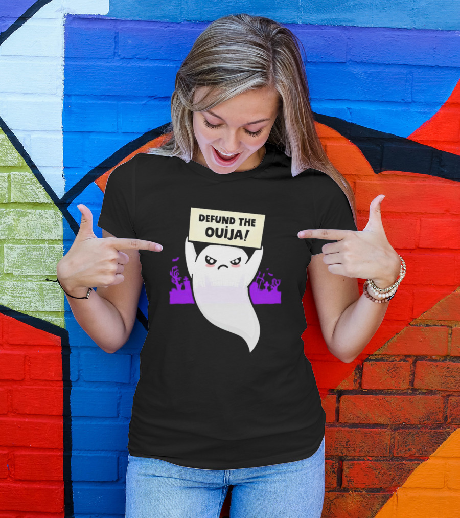 Defund The Ouija Angry Ghost Protest With Graveyard Background T-Shirt