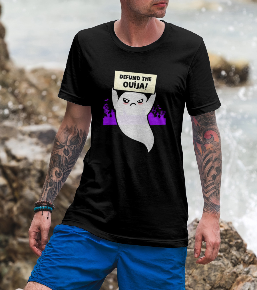 Defund The Ouija Angry Ghost Protest With Graveyard Background T-Shirt