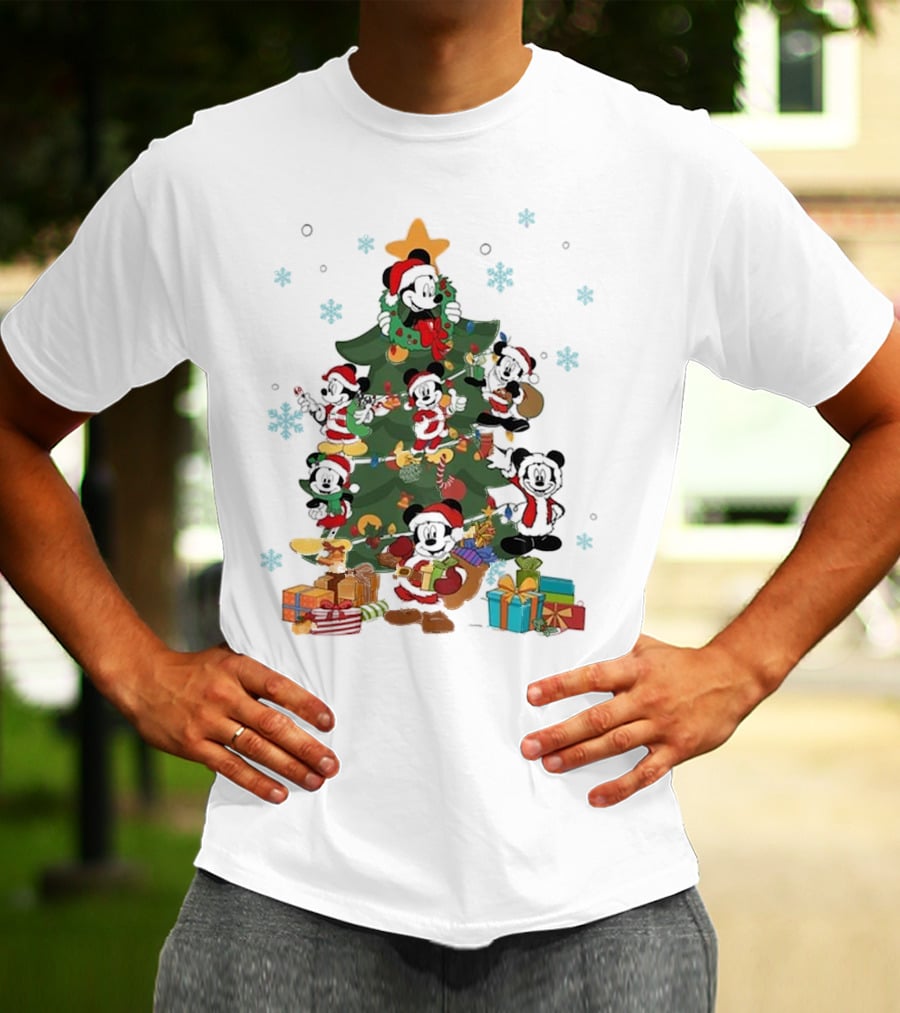Christmas Tree Mickey Mouse Holiday Characters With Gifts And Snowflakes T-Shirt