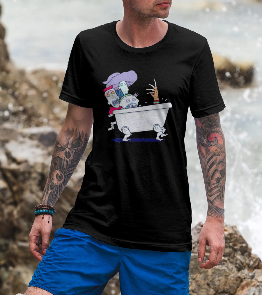Halloween Scary Bathtub Cartoon Skeletons And Claw Hand T-Shirt