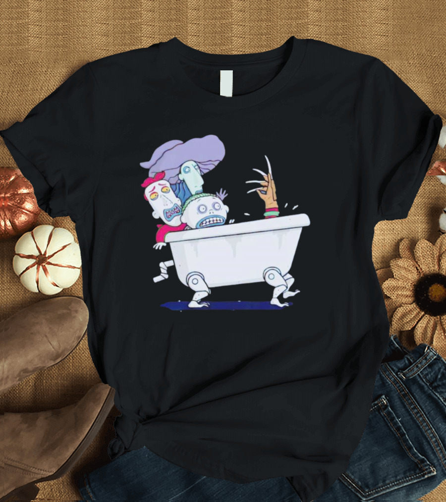 Halloween Scary Bathtub Cartoon Skeletons And Claw Hand T-Shirt