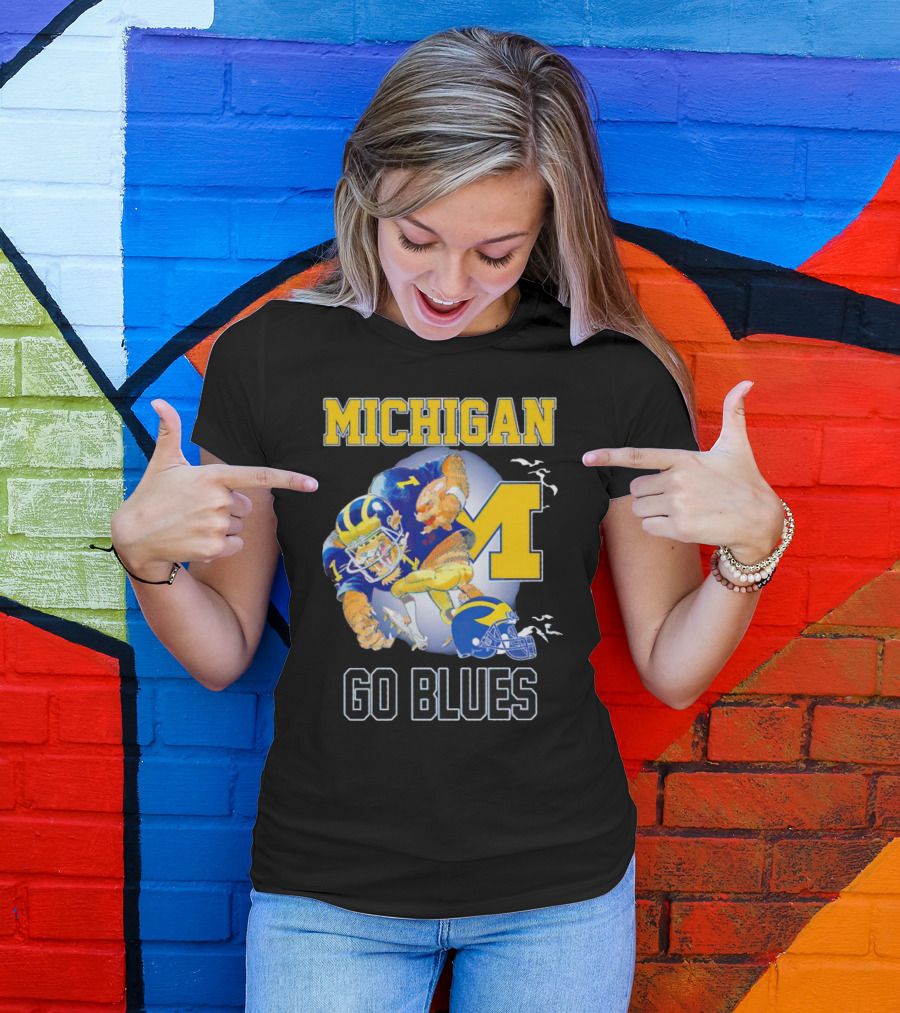 Michigan Wolverines Go Blues Football Player And Helmet T-Shirt