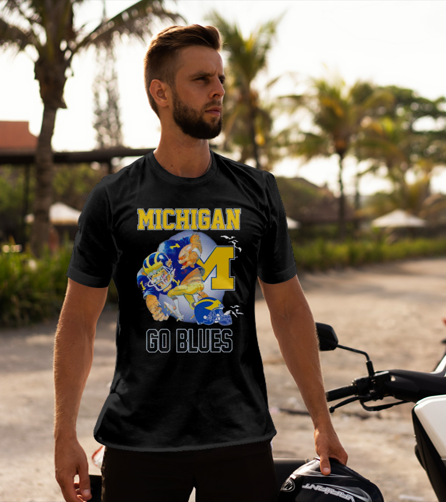 Michigan Wolverines Go Blues Football Player And Helmet T-Shirt