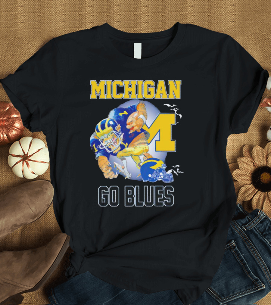Michigan Wolverines Go Blues Football Player And Helmet T-Shirt