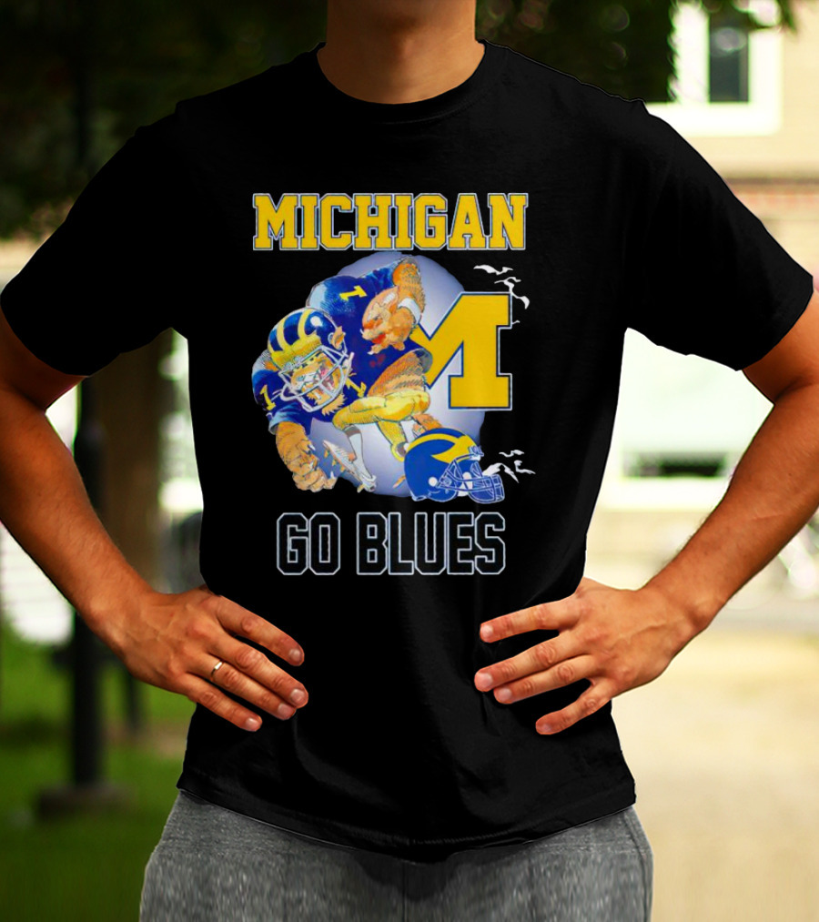 Michigan Wolverines Go Blues Football Player And Helmet T-Shirt