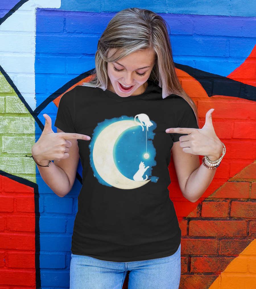 Moon Cat Playful Journey Celestial Light T-Shirt