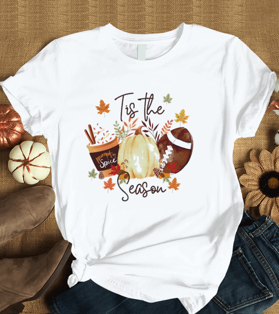 Tis The Season Pumpkin Spice Fall Leaves Football T-Shirt