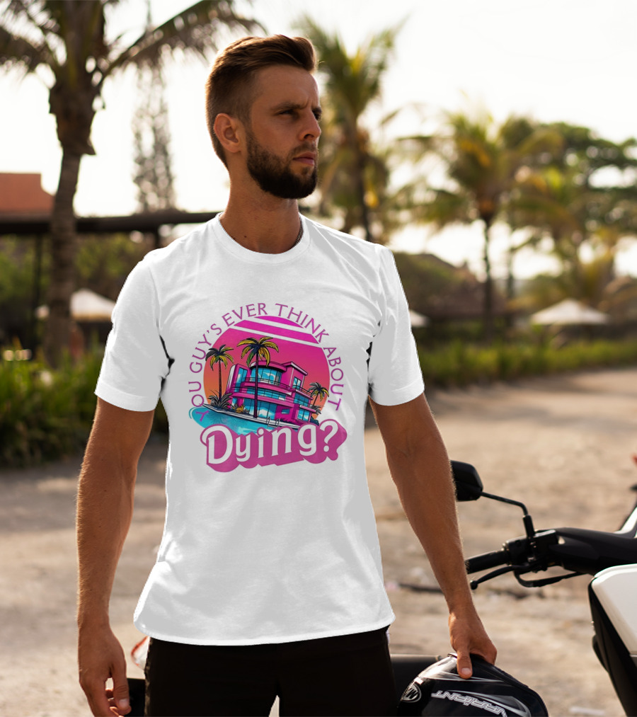 You Guy's Ever Think About Dying? Retro Palm Tree Sunset Vibrant Pink Neon Aesthetic T-Shirt