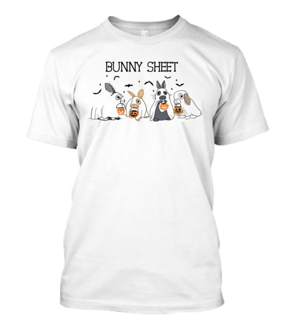 Bunny Sheet Funny Halloween Ghost Rabbits With Pumpkin Buckets T-Shirt