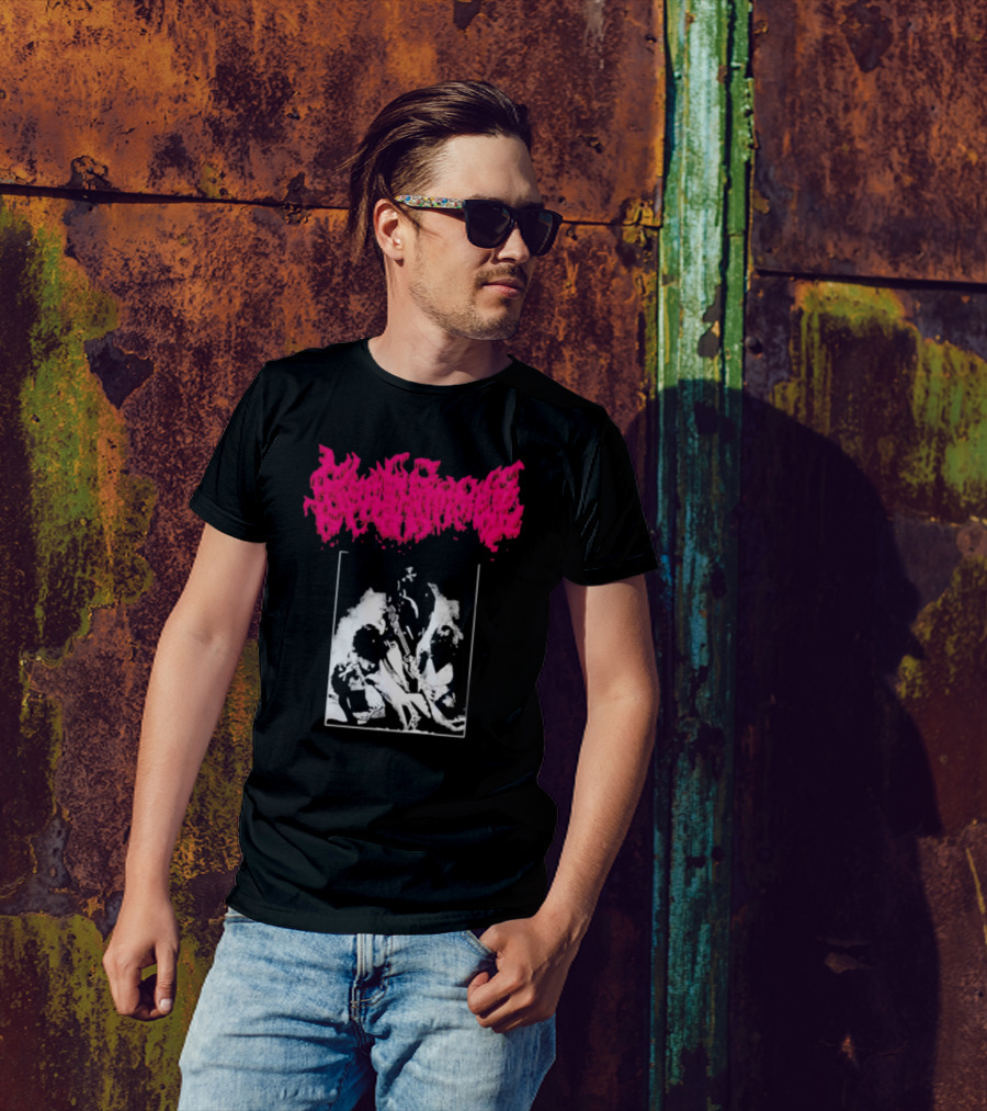 Gorehammer Graphic In Pink Gothic Font With Monochrome Horror Scene T-Shirt